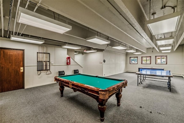 recreation room with carpet, pool table, and a baseboard heating unit