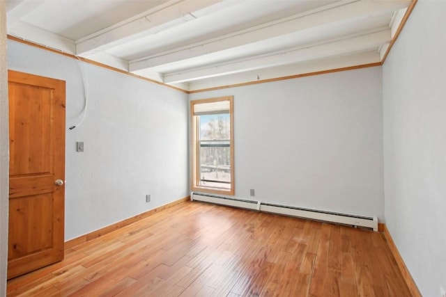 unfurnished room featuring beamed ceiling, light hardwood / wood-style flooring, and baseboard heating