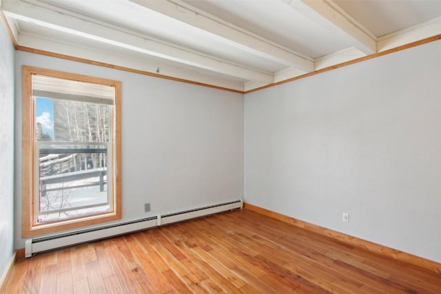 unfurnished room featuring beam ceiling, light hardwood / wood-style floors, and baseboard heating