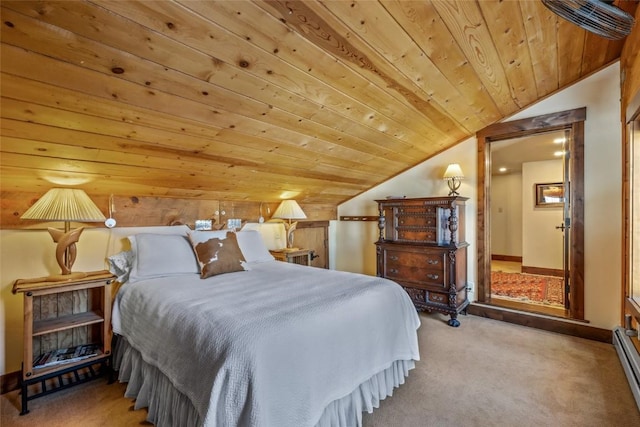 carpeted bedroom with a baseboard radiator, wooden ceiling, and vaulted ceiling