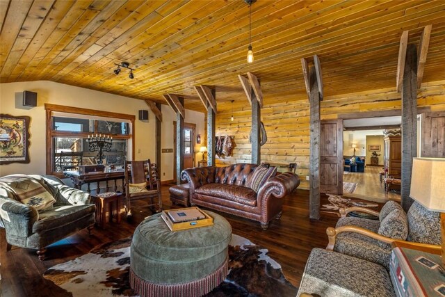 living room with lofted ceiling, dark hardwood / wood-style floors, wooden ceiling, and wooden walls