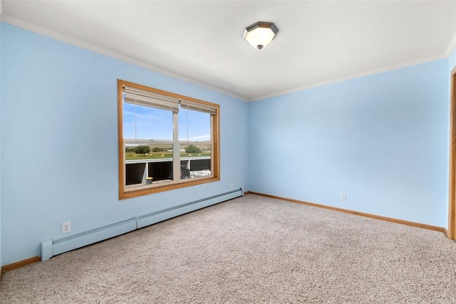 unfurnished room featuring carpet flooring, ornamental molding, and a baseboard heating unit