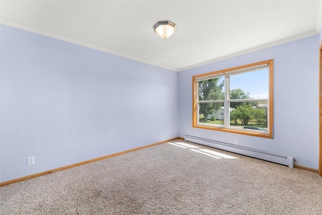 empty room with carpet floors, ornamental molding, and a baseboard radiator