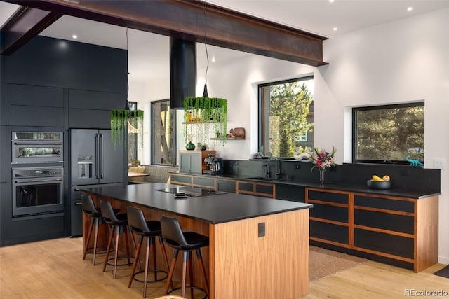 kitchen with stainless steel appliances, light hardwood / wood-style floors, a kitchen island, and sink