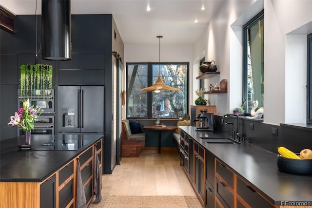 kitchen featuring sink, pendant lighting, stainless steel appliances, and light hardwood / wood-style flooring