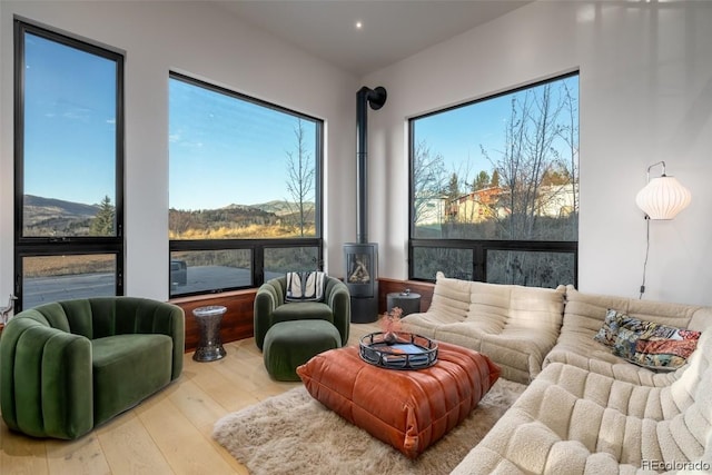 sunroom with a wood stove