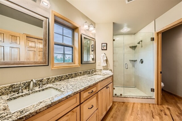 bathroom featuring toilet, an enclosed shower, wood-type flooring, and vanity