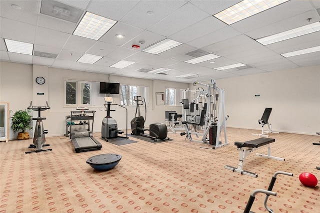 exercise room with light carpet and a drop ceiling