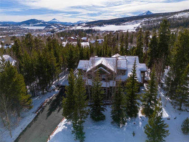 snowy aerial view featuring a mountain view