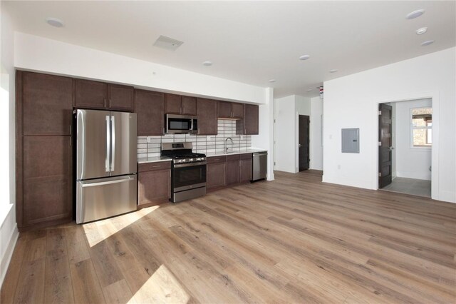 kitchen with backsplash, electric panel, light hardwood / wood-style floors, dark brown cabinets, and appliances with stainless steel finishes