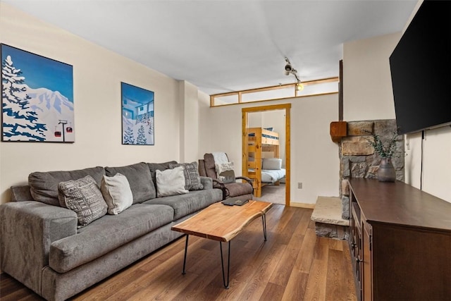 living room featuring rail lighting and wood-type flooring