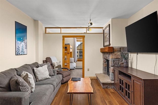 living room featuring a fireplace, wood-type flooring, rail lighting, and a baseboard radiator