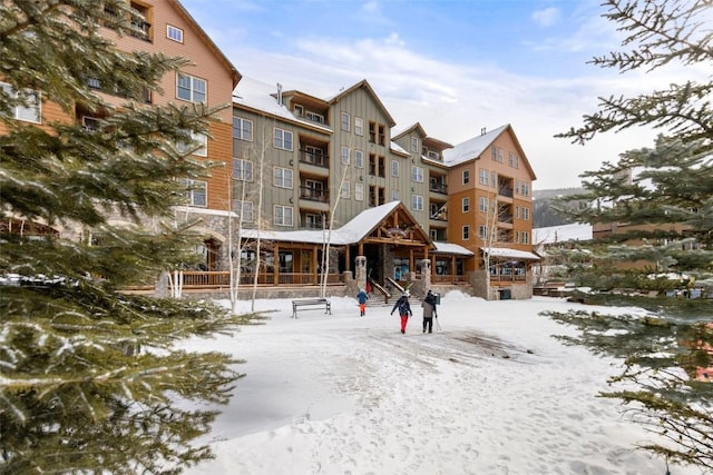 view of snow covered building