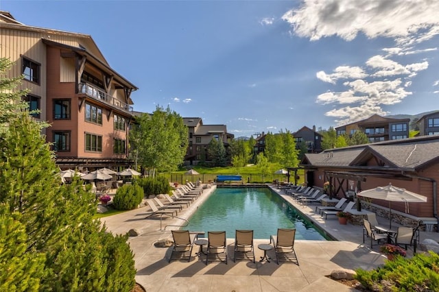 view of swimming pool featuring a patio area