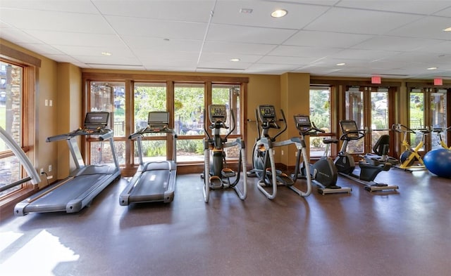 exercise room with a paneled ceiling and a wealth of natural light