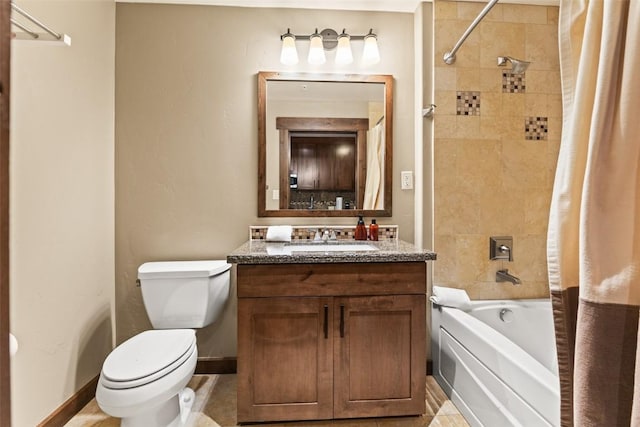 full bathroom featuring toilet, vanity, and shower / bath combination with curtain