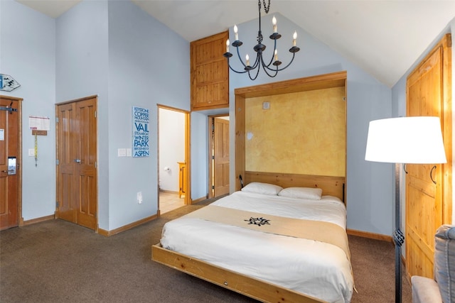 bedroom featuring high vaulted ceiling, an inviting chandelier, and dark carpet