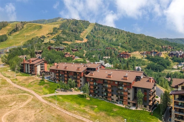 bird's eye view with a mountain view