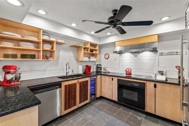 kitchen with sink, white electric stovetop, stainless steel dishwasher, black oven, and exhaust hood