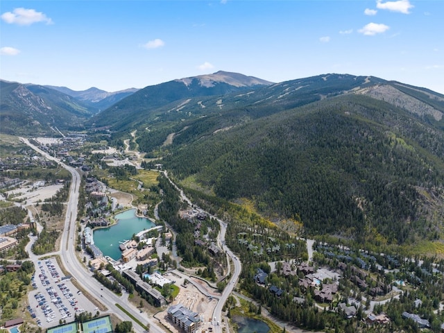 aerial view featuring a water and mountain view