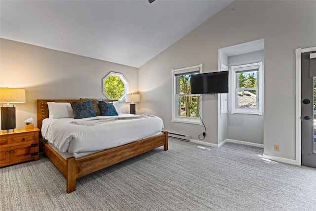 bedroom featuring carpet flooring, lofted ceiling, and a baseboard heating unit