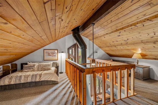 bedroom with lofted ceiling, wooden ceiling, carpet floors, and multiple windows