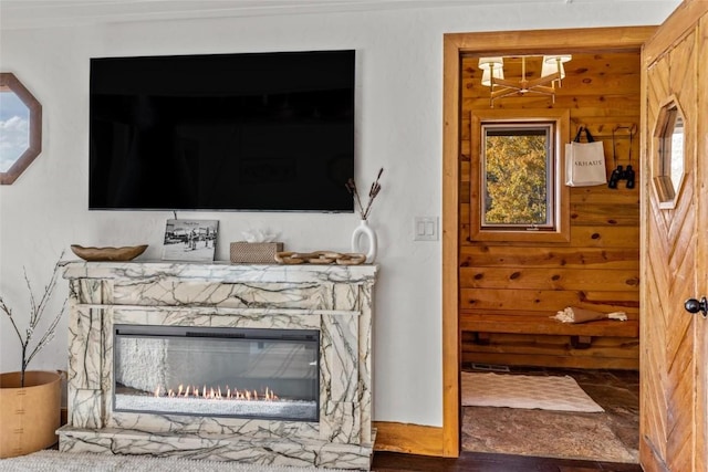 room details featuring a stone fireplace and wooden walls