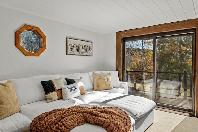 living room featuring wooden ceiling