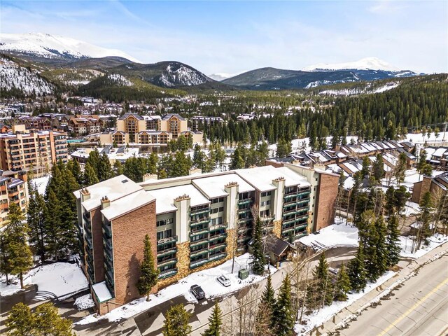 snowy aerial view with a mountain view