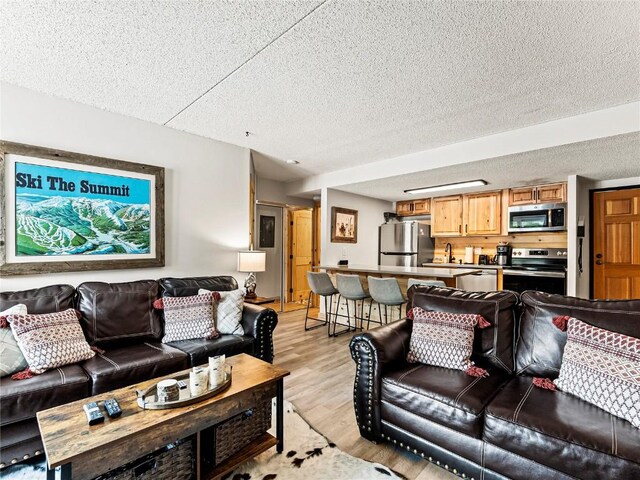 living room featuring sink, light wood-type flooring, and a textured ceiling