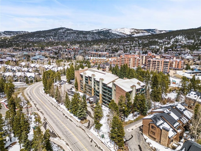 snowy aerial view featuring a mountain view