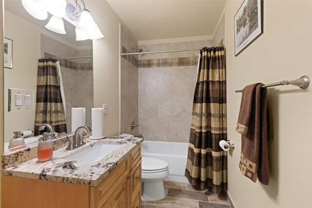 full bathroom with vanity, toilet, and shower / bathtub combination with curtain