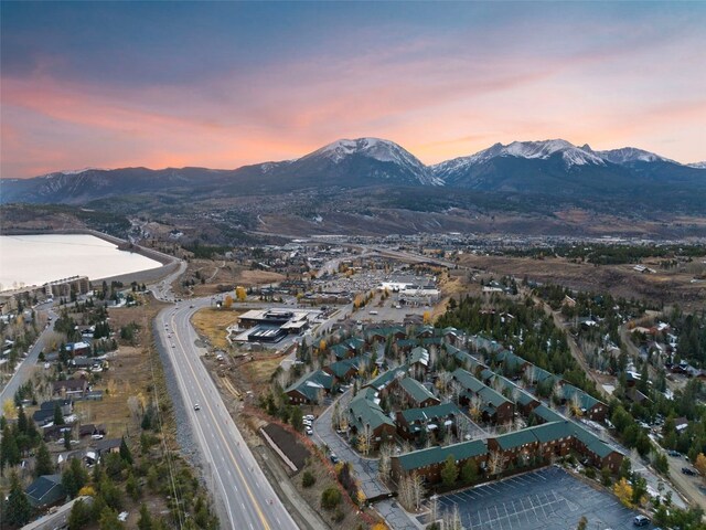 aerial view at dusk with a mountain view