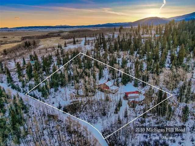 snowy aerial view with a mountain view