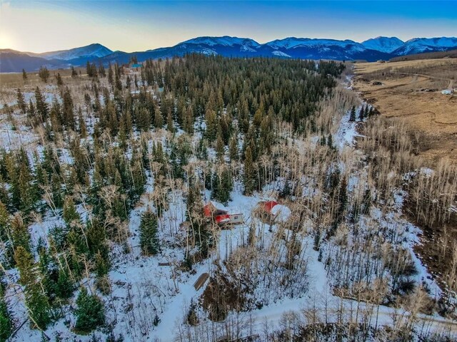 snowy aerial view with a mountain view