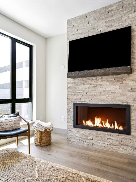 details featuring hardwood / wood-style floors and a fireplace