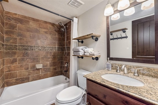 bathroom with visible vents, shower / bathtub combination with curtain, vanity, and toilet