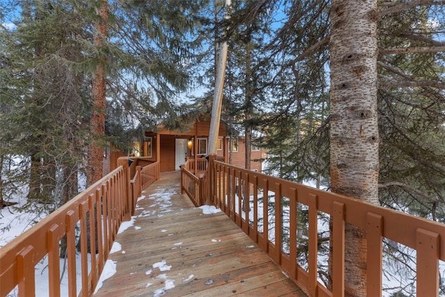 view of snow covered deck