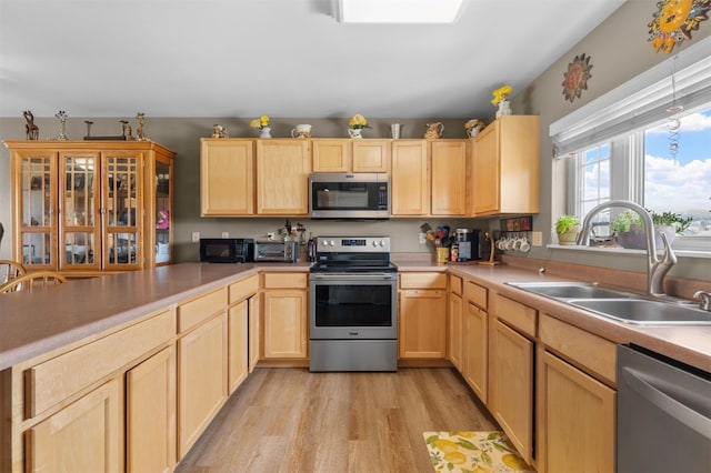 kitchen with stainless steel appliances, sink, light hardwood / wood-style flooring, and light brown cabinets