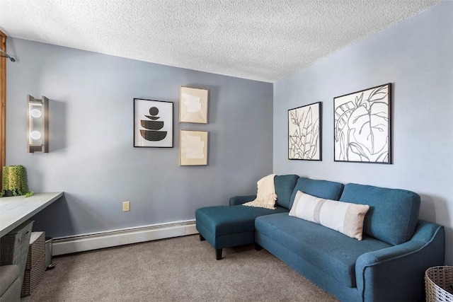 living area featuring carpet floors, a textured ceiling, and baseboard heating