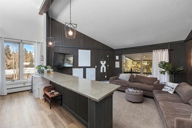 living room featuring light hardwood / wood-style flooring, high vaulted ceiling, a textured ceiling, and baseboard heating