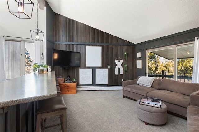 living room featuring carpet flooring, high vaulted ceiling, a textured ceiling, and baseboard heating