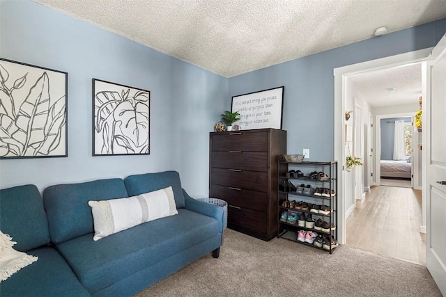 living room with light colored carpet and a textured ceiling