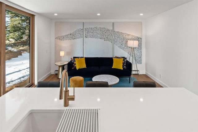 living room with wood-type flooring, sink, and baseboard heating