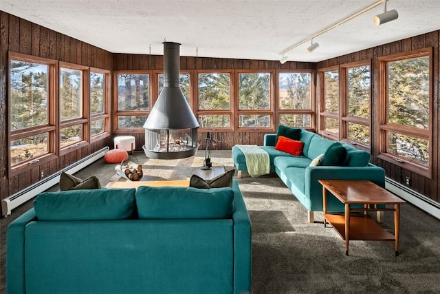 sunroom / solarium featuring baseboard heating, a wood stove, and track lighting