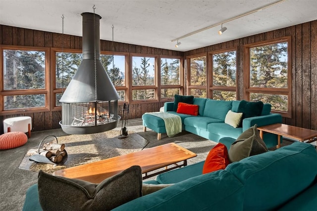 sunroom featuring a multi sided fireplace and track lighting