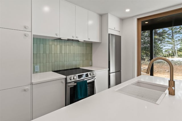 kitchen with white cabinetry, sink, tasteful backsplash, ventilation hood, and appliances with stainless steel finishes