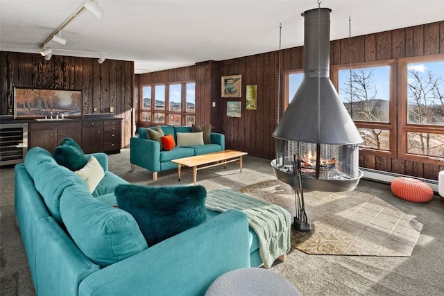 living room with a wood stove, wood walls, rail lighting, and beverage cooler