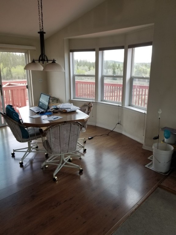 office area featuring wood-type flooring and lofted ceiling