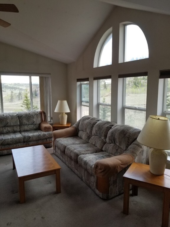 carpeted living room with ceiling fan